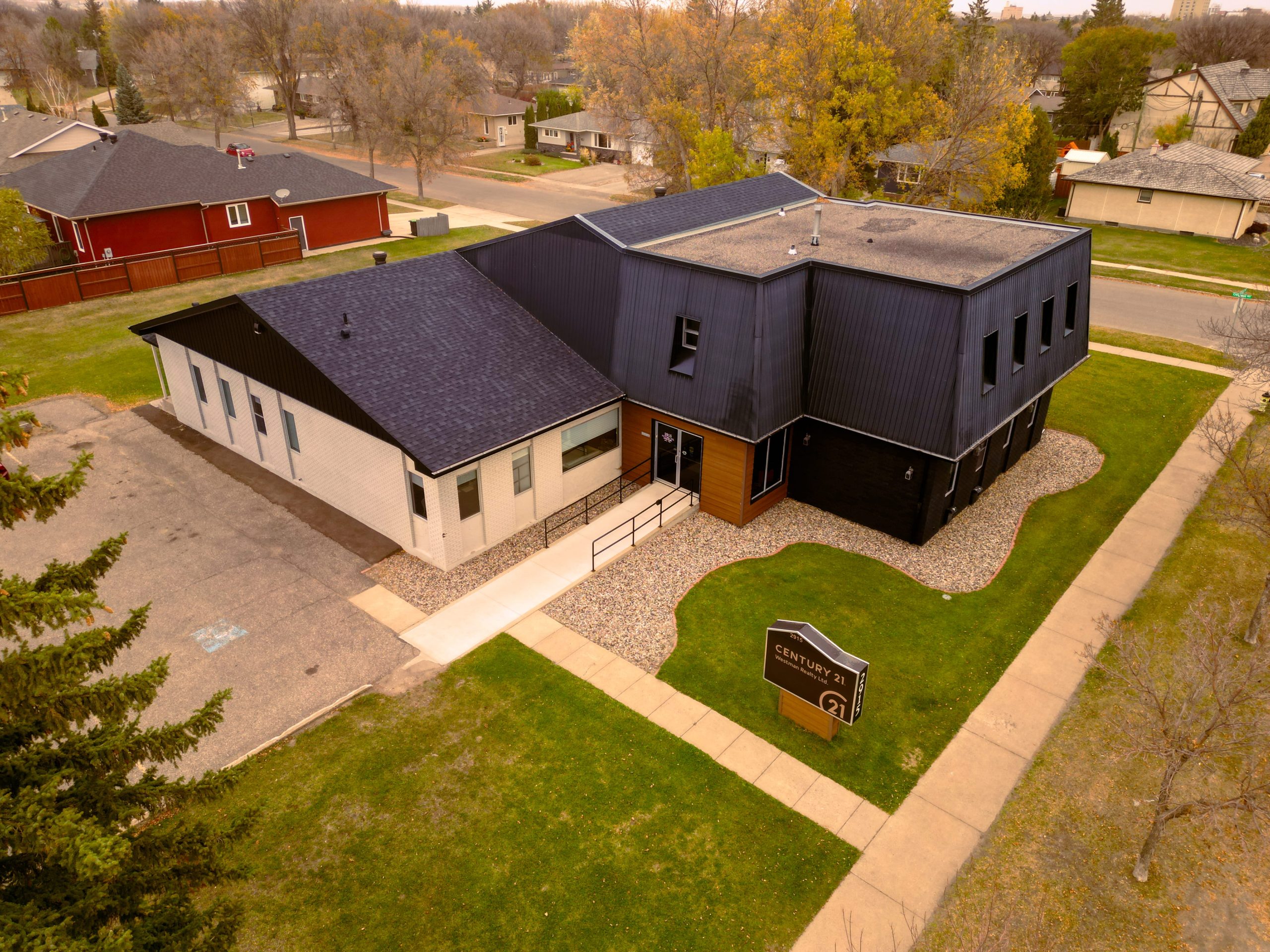 Aerial view of the Century 21 Westman Realty Ltd. head office in Brandon, Manitoba.